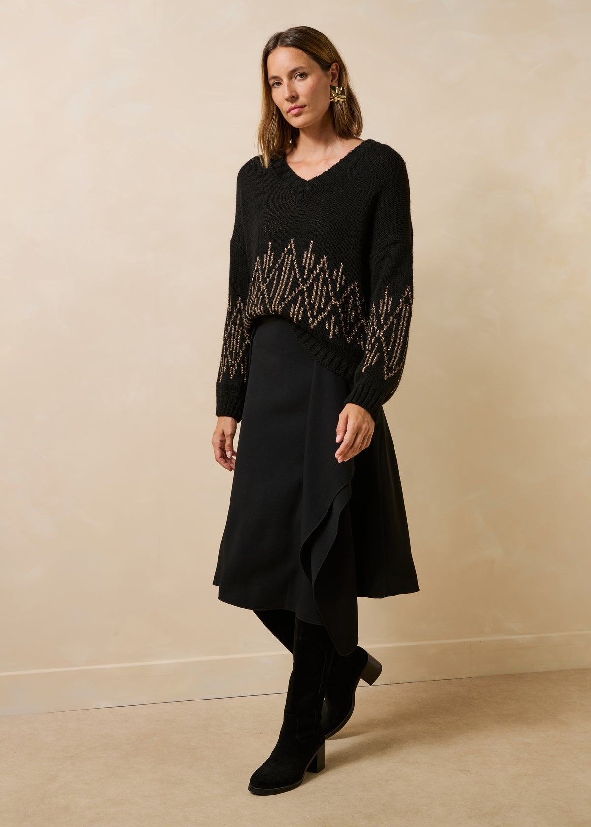 Weite schwarzer Pullover mit langen Ärmeln in Jacquardstrick