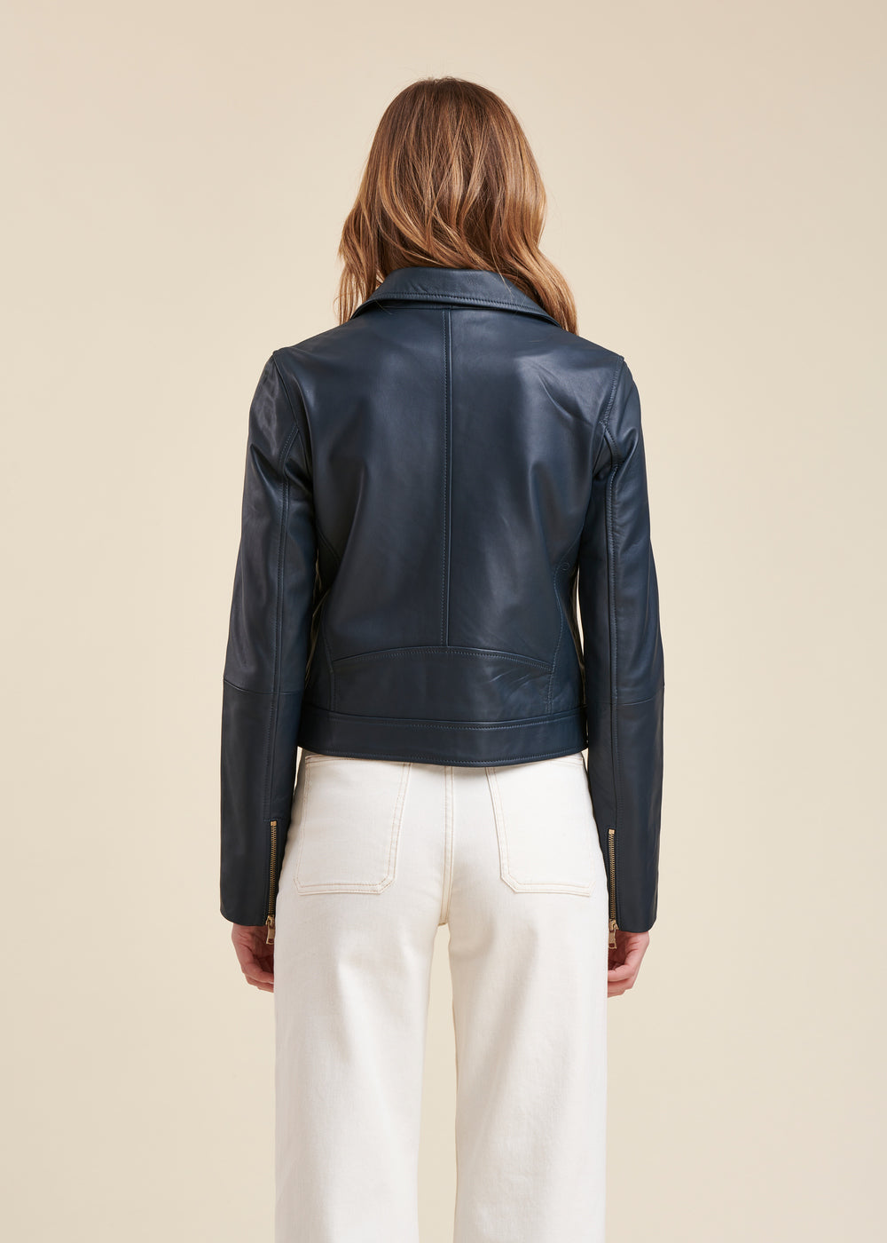 Blouson bleu pétrole en cuir esprit motard