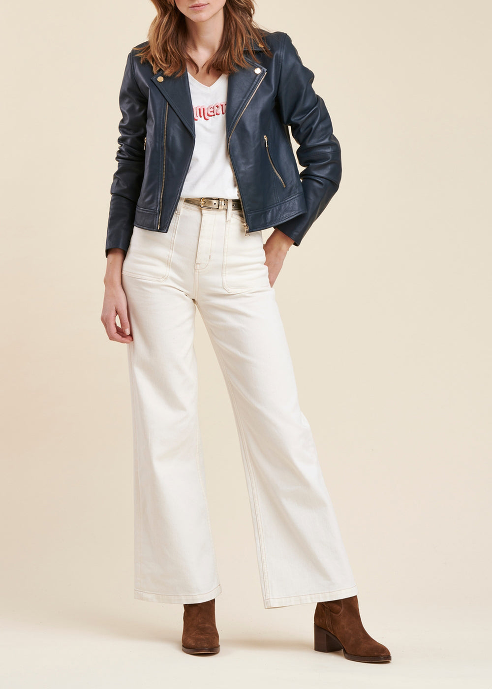 Blouson bleu pétrole en cuir esprit motard
