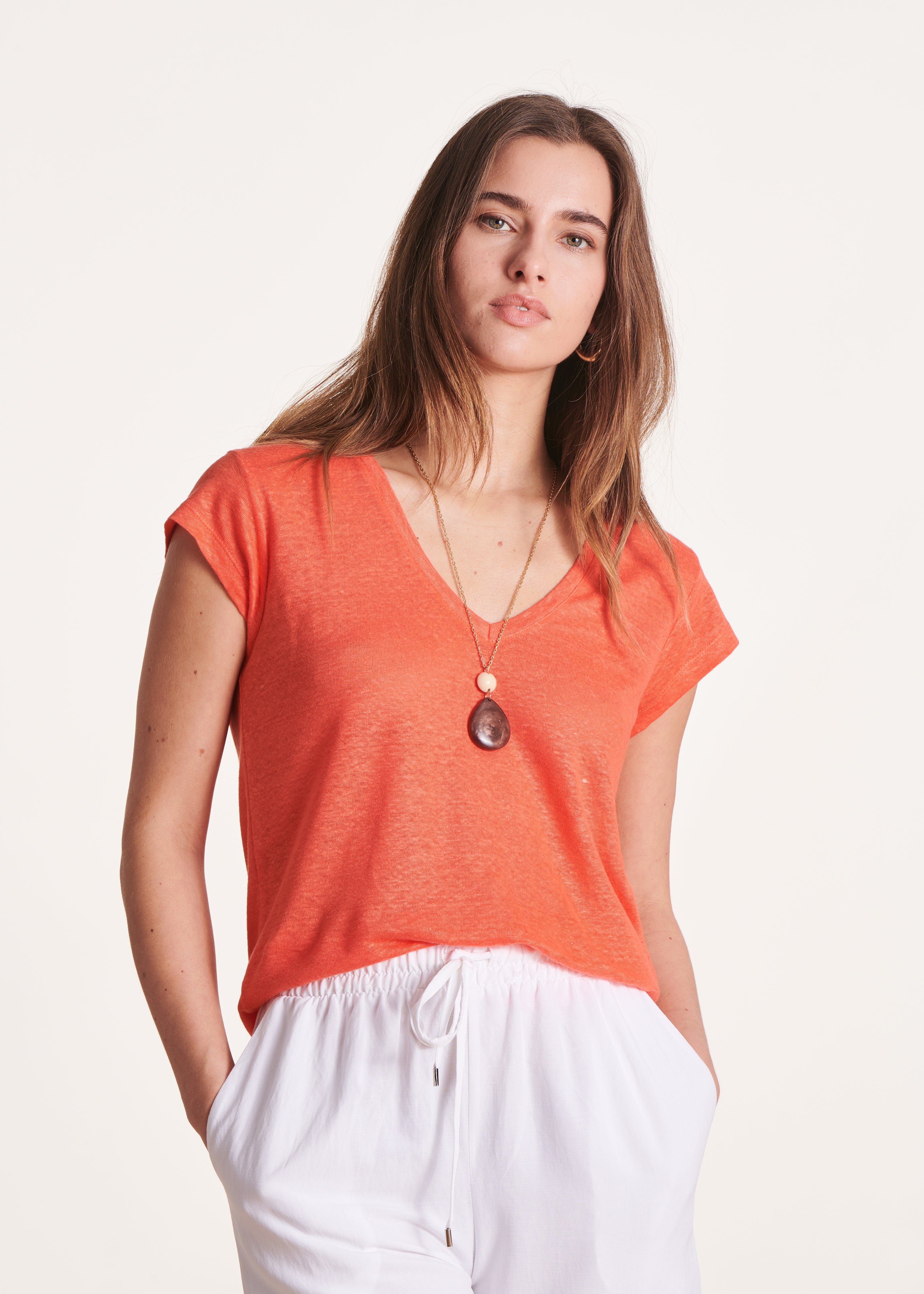 T-shirt orange en lin manches courtes La Fée Maraboutée