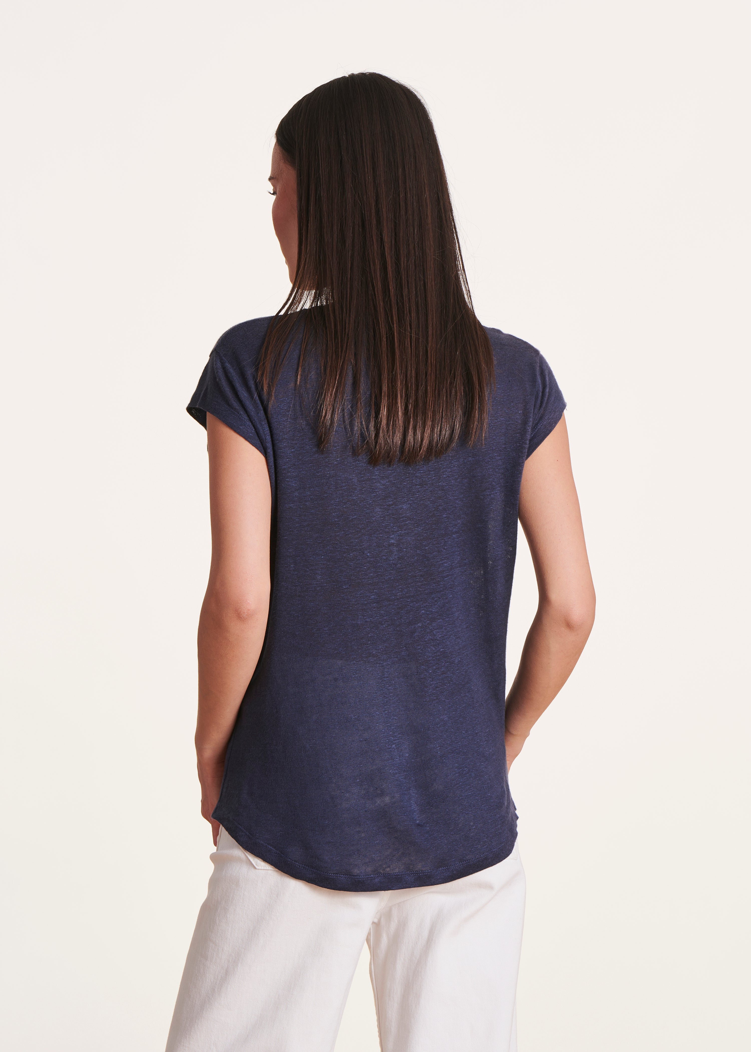 T-shirt bleu marine en lin manches courtes