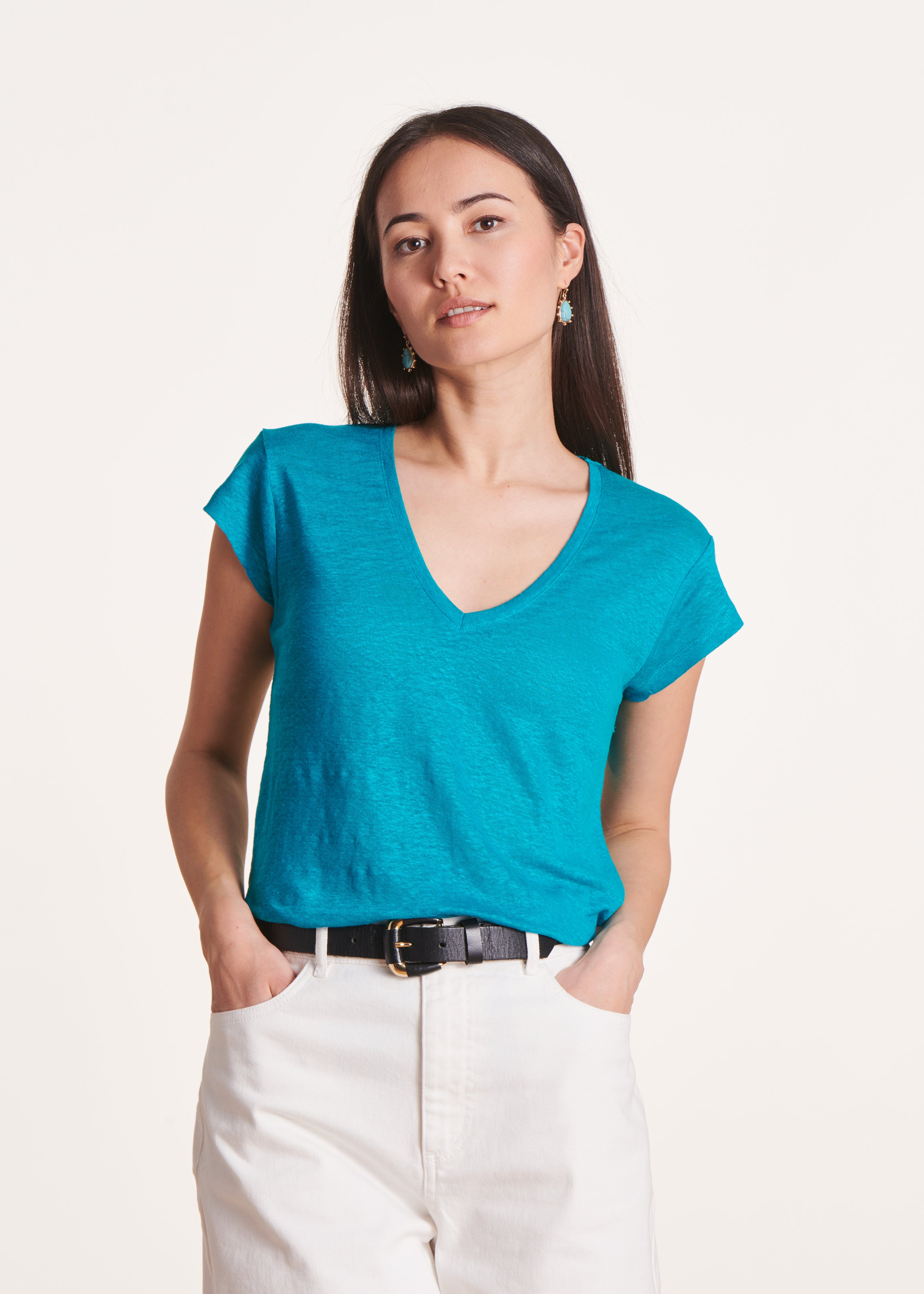 Bleu Turquoise Tee Shirt Femme Encolure Carrée T-shirt Manches