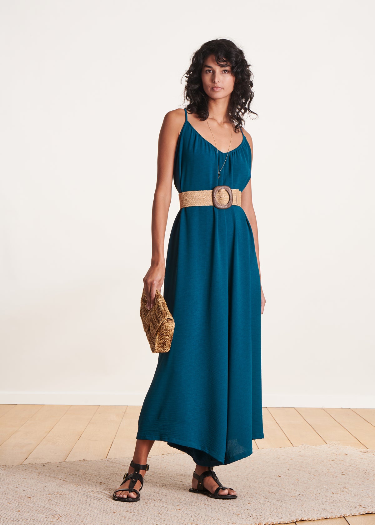 Petrol blue loose strappy jumpsuit