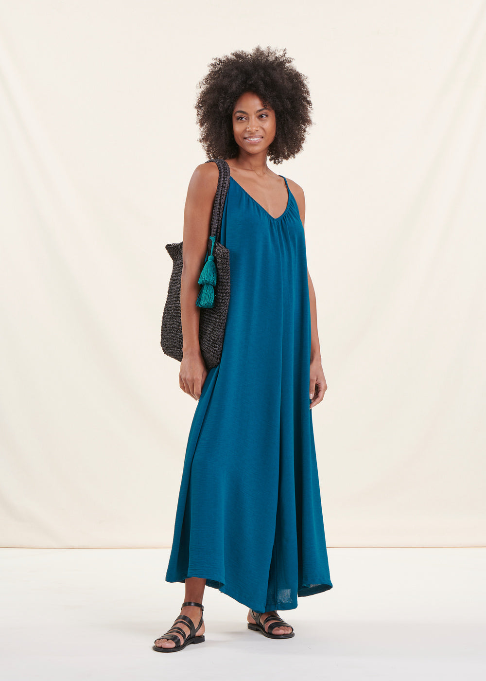 Petrol blue loose strappy jumpsuit
