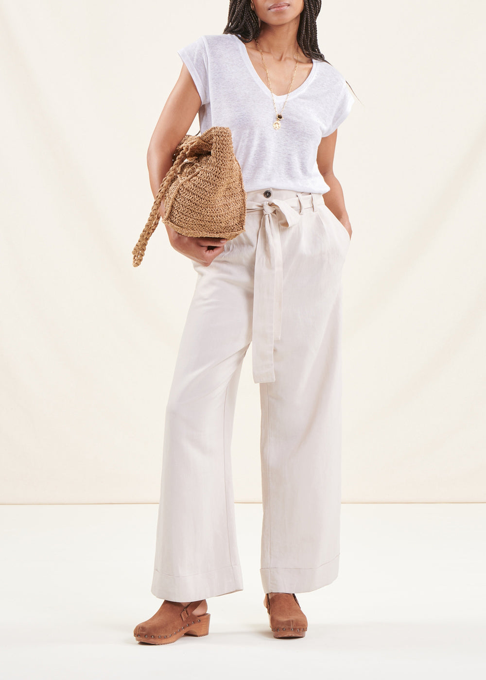 Pantalon ample écru taille haute en viscose lin