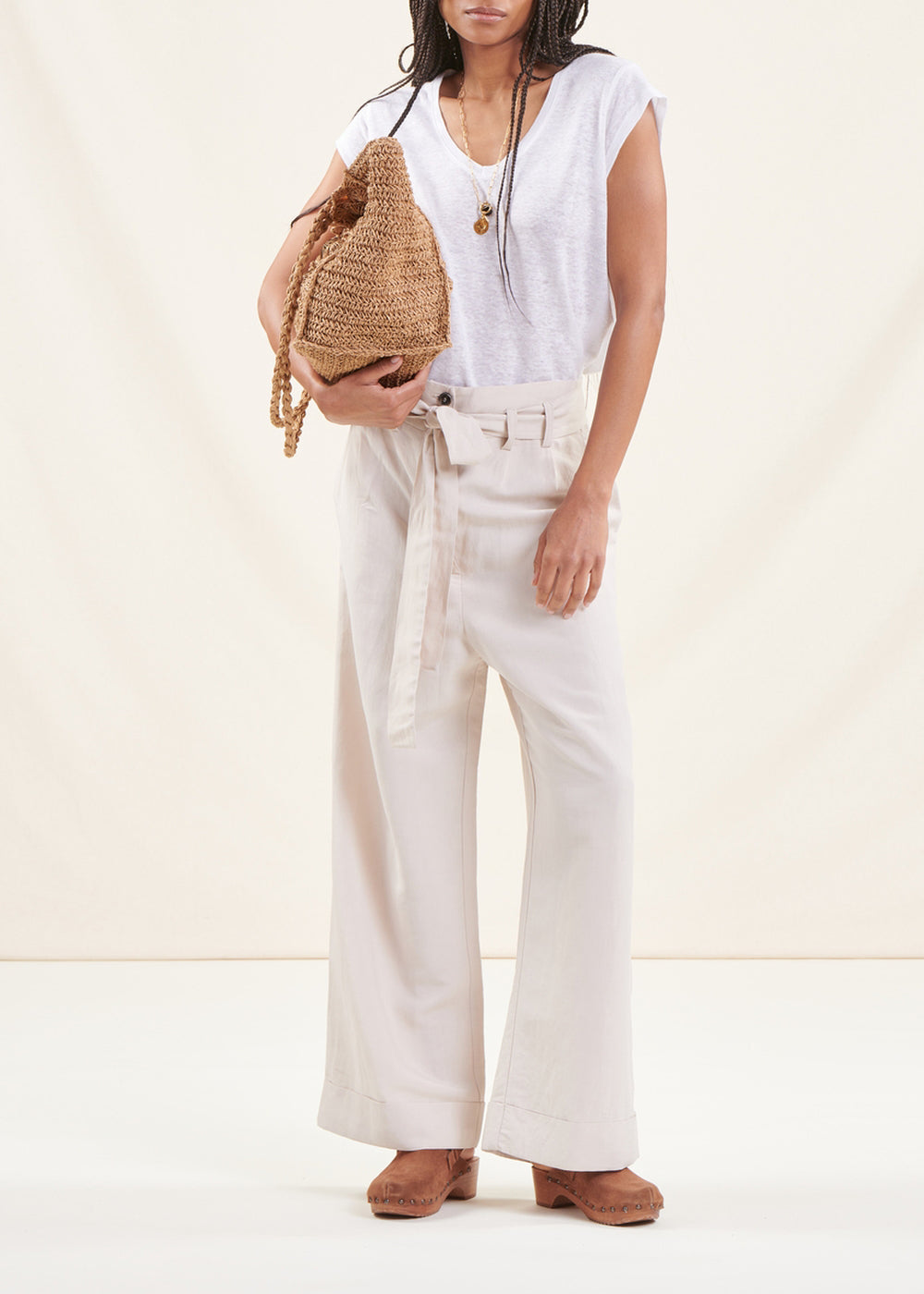 Pantalon ample écru taille haute en viscose lin