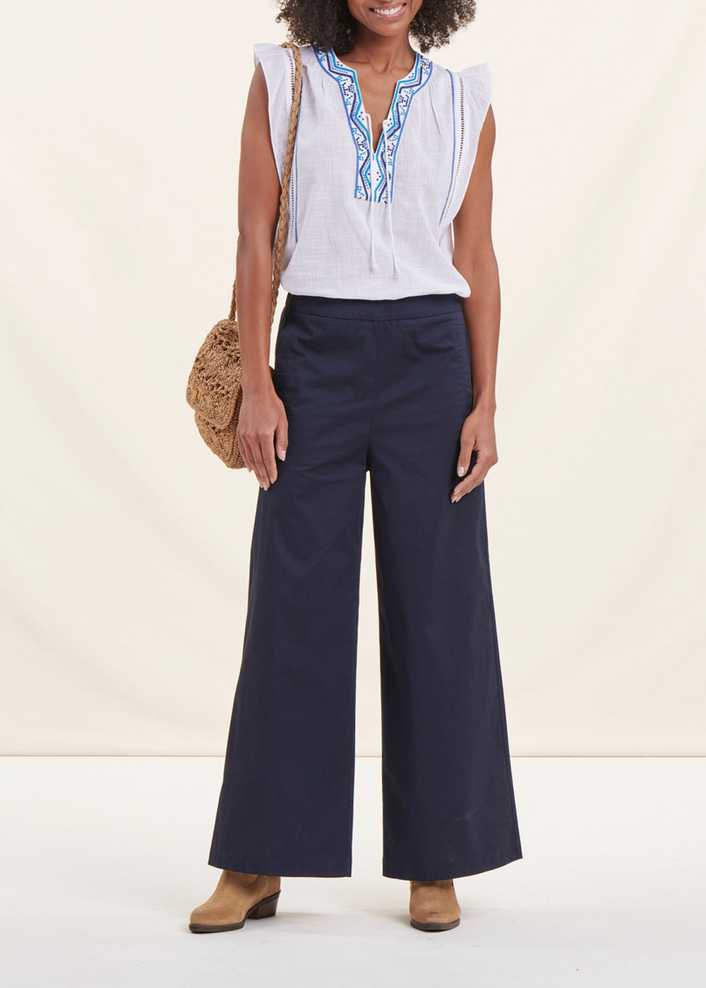 Afibel Pantalon A Pont Bleu Marine Femme Pantalon Taille Haute