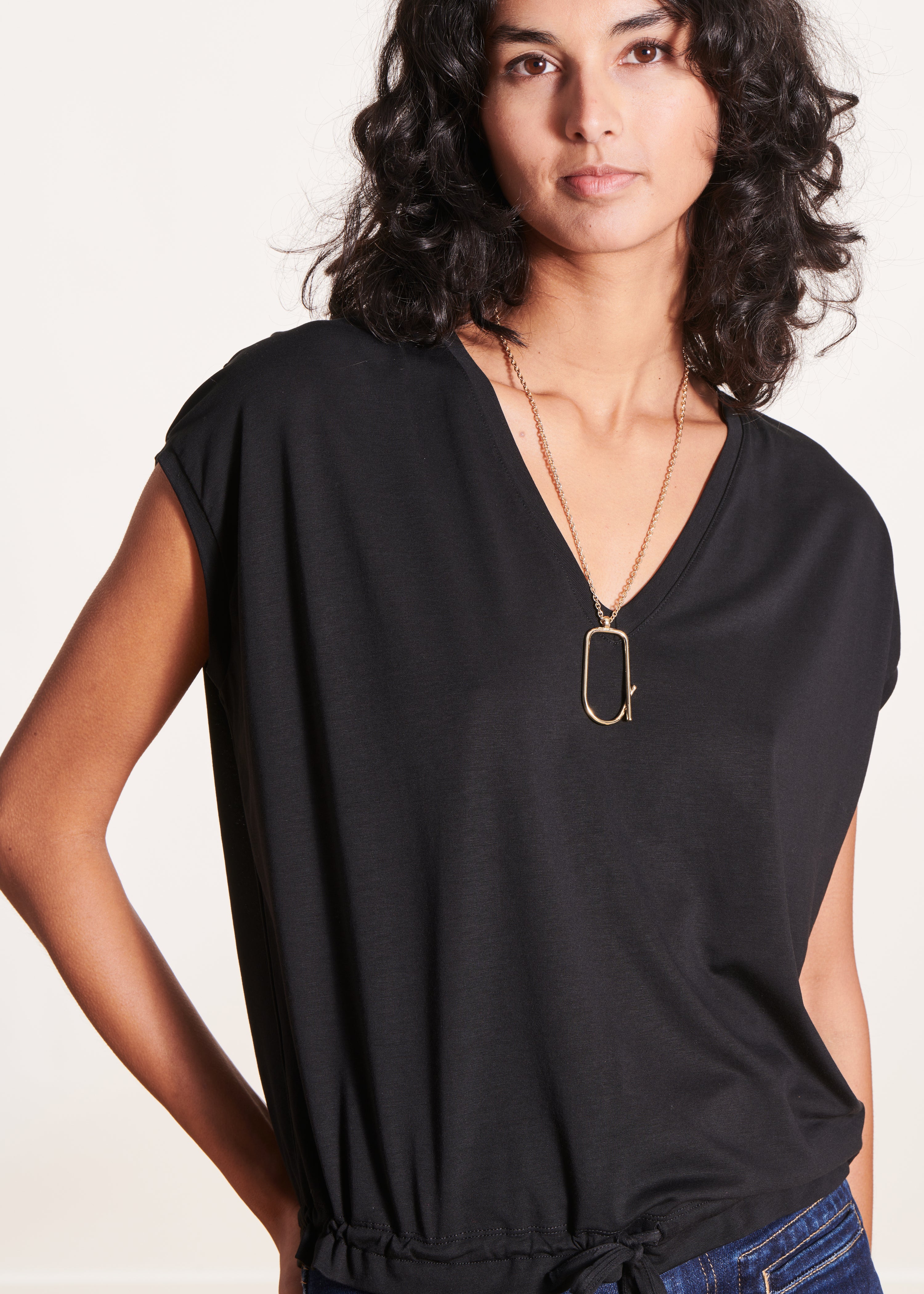 T-shirt blousant noir en lyocell manches courtes
