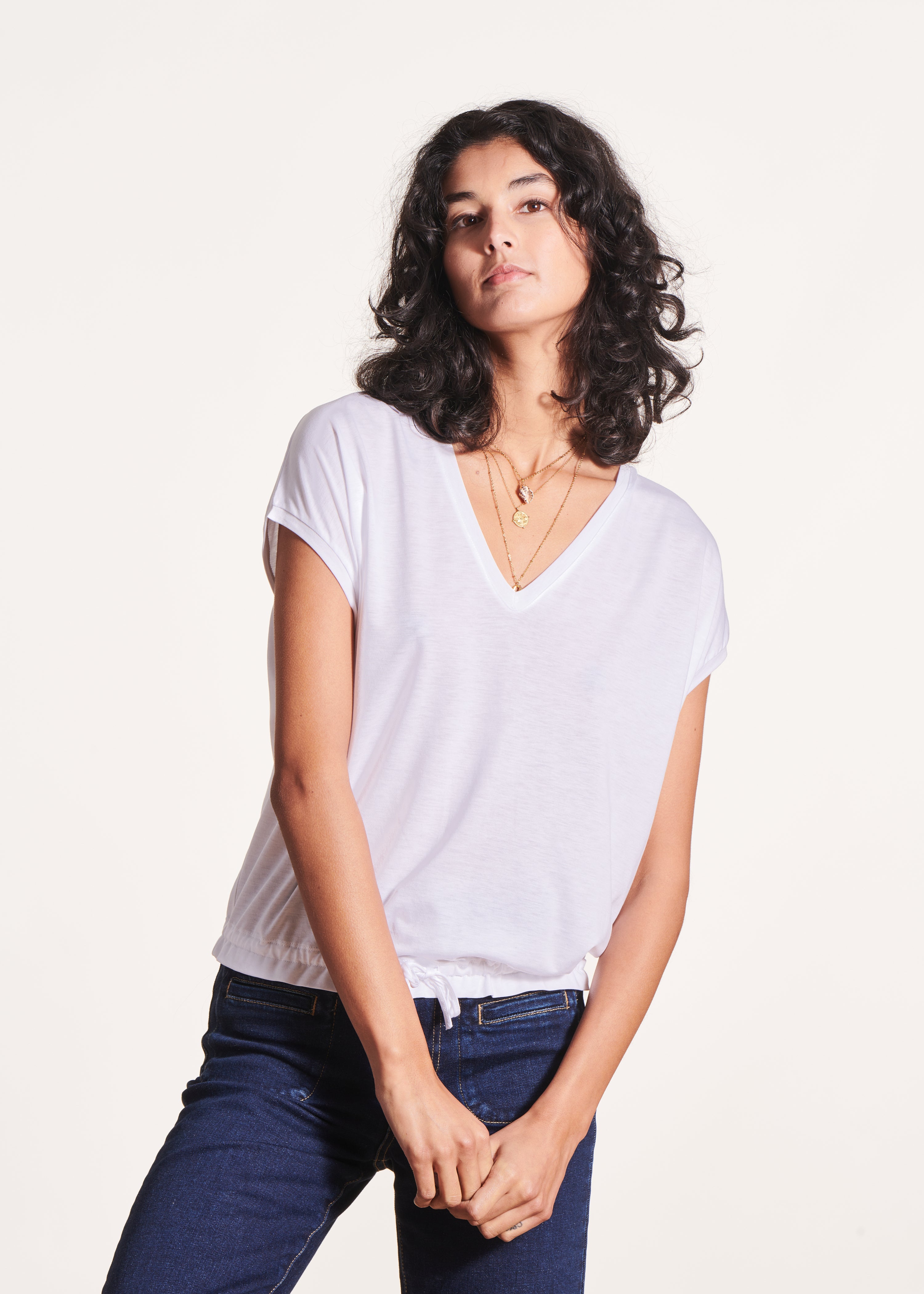 T-shirt blousant blanc en lyocell manches courtes