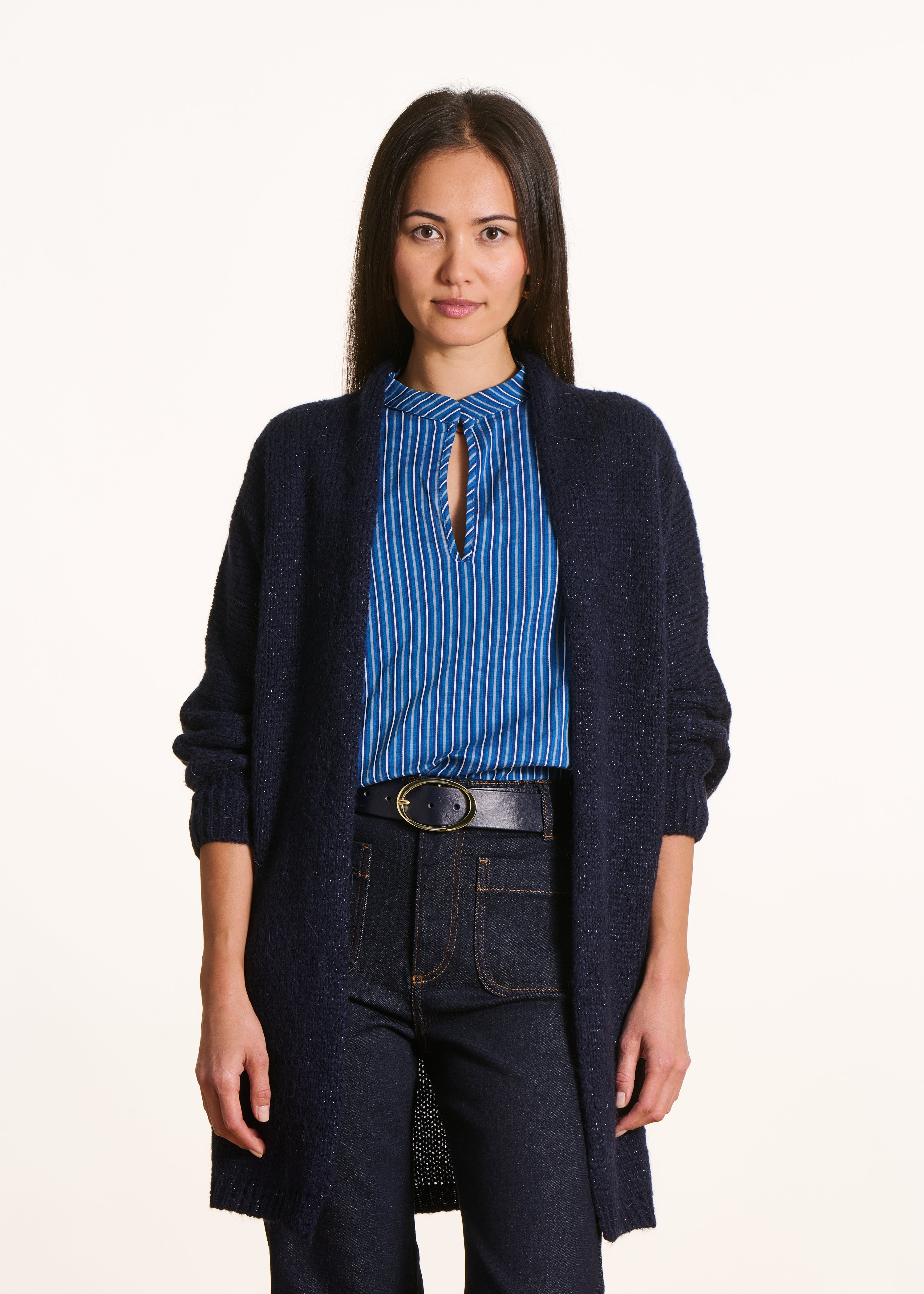 Gilet mi-long bleu marine oversize en maille irisée