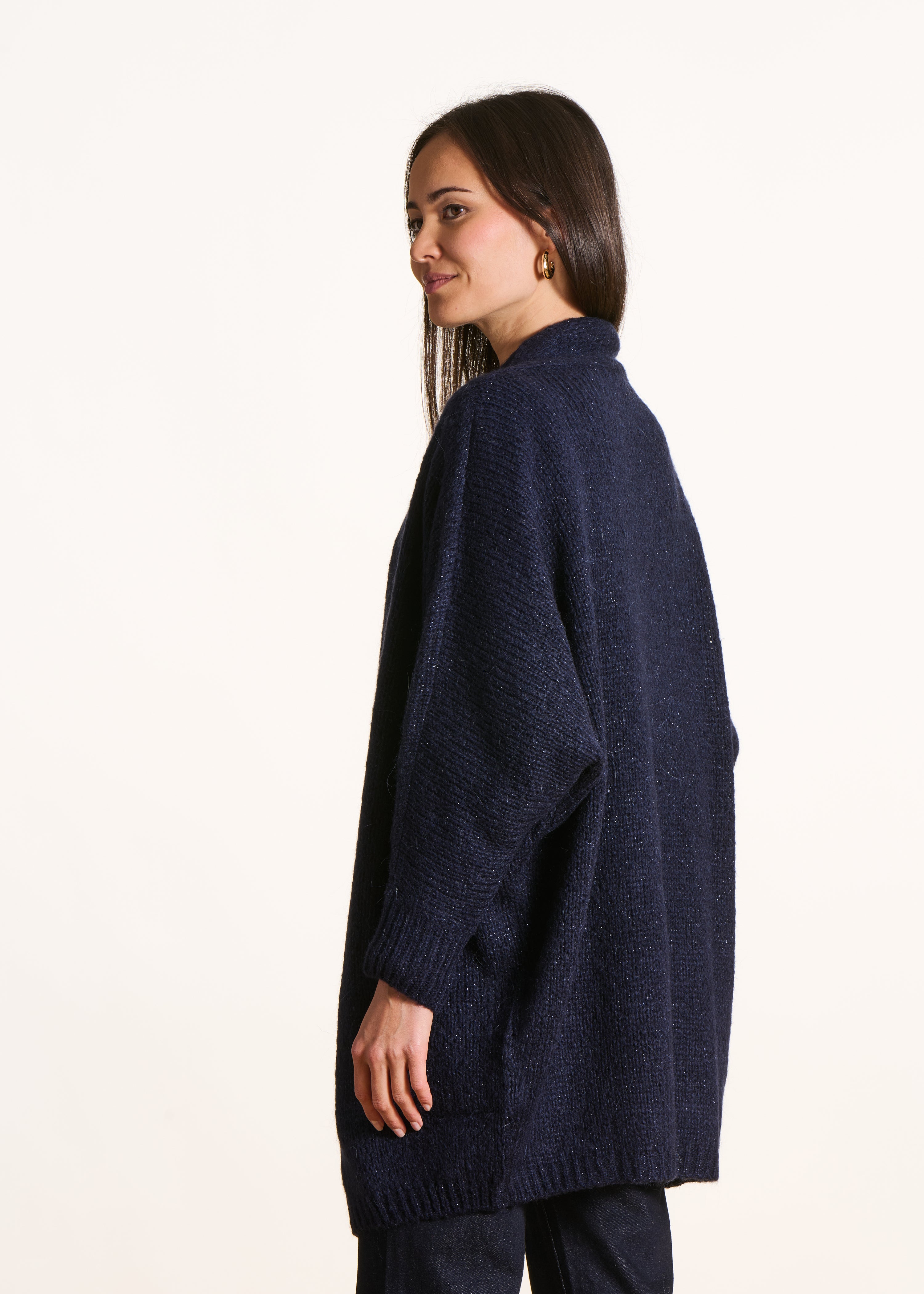 Gilet mi-long bleu marine oversize en maille irisée