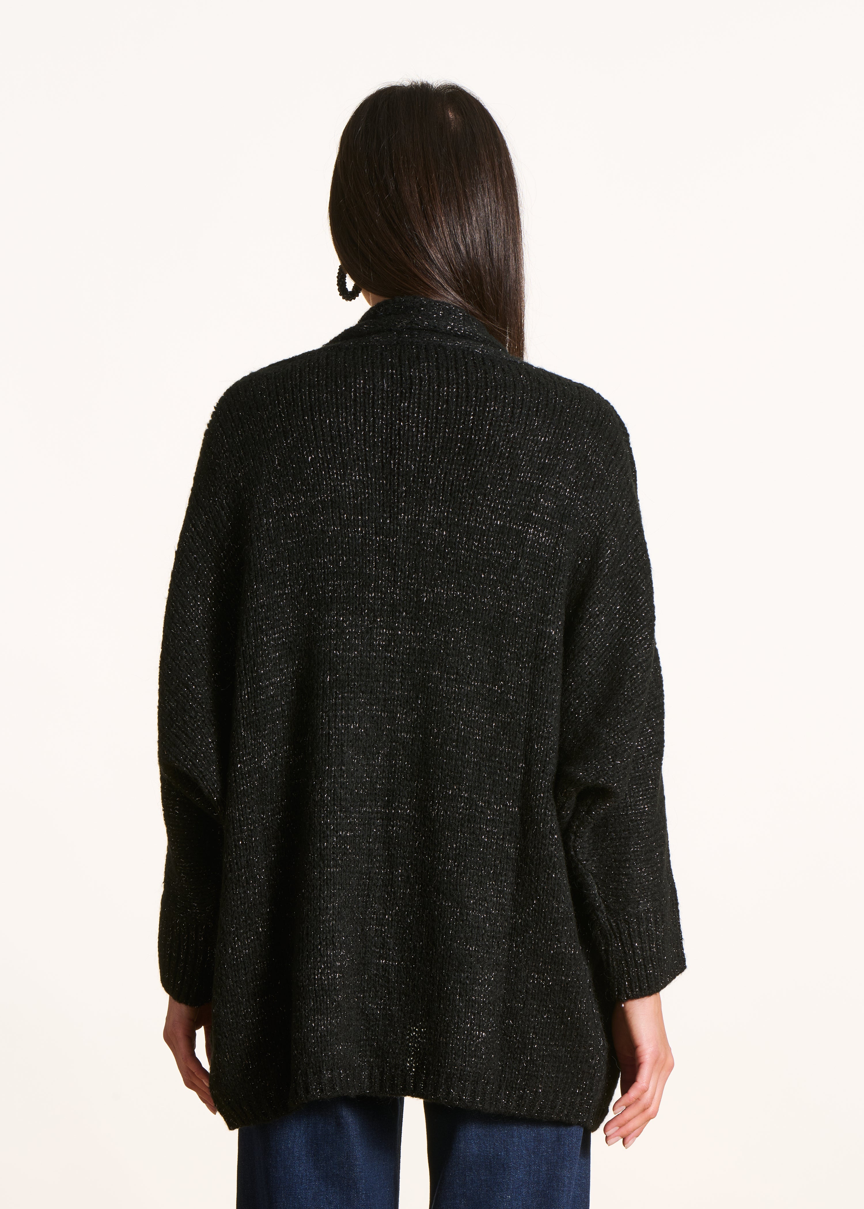 Gilet mi-long noir oversize en maille irisée