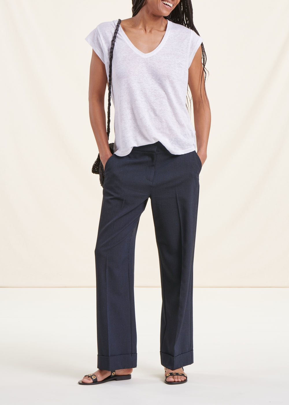 Pantalon bleu marine droit 7/8ème