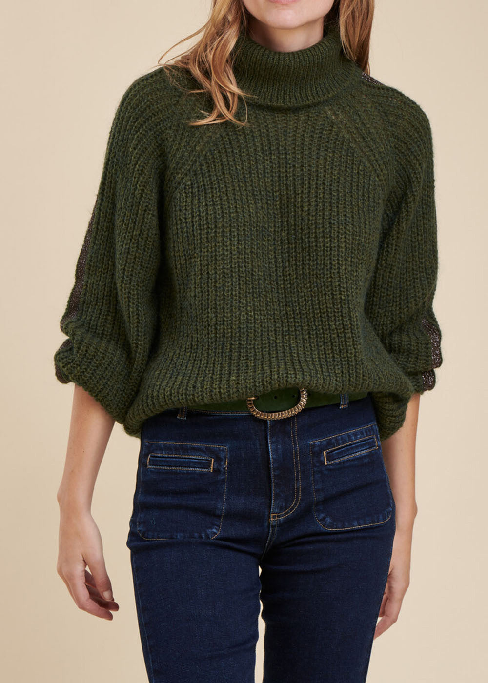 Beaded ribbed cowl neck sweater