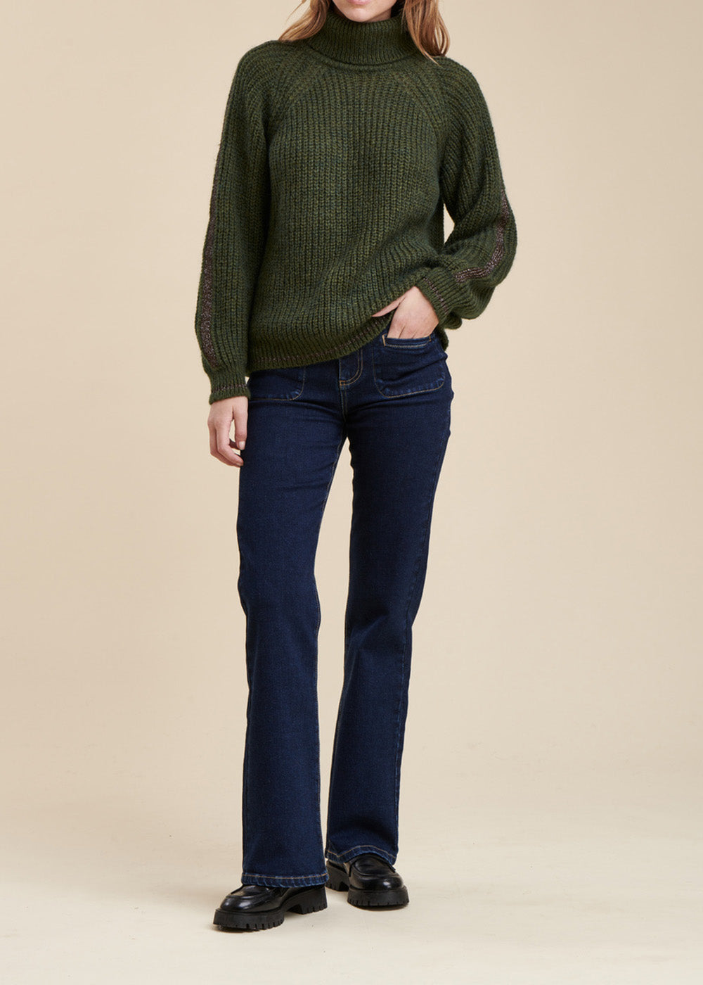 Beaded ribbed cowl neck sweater