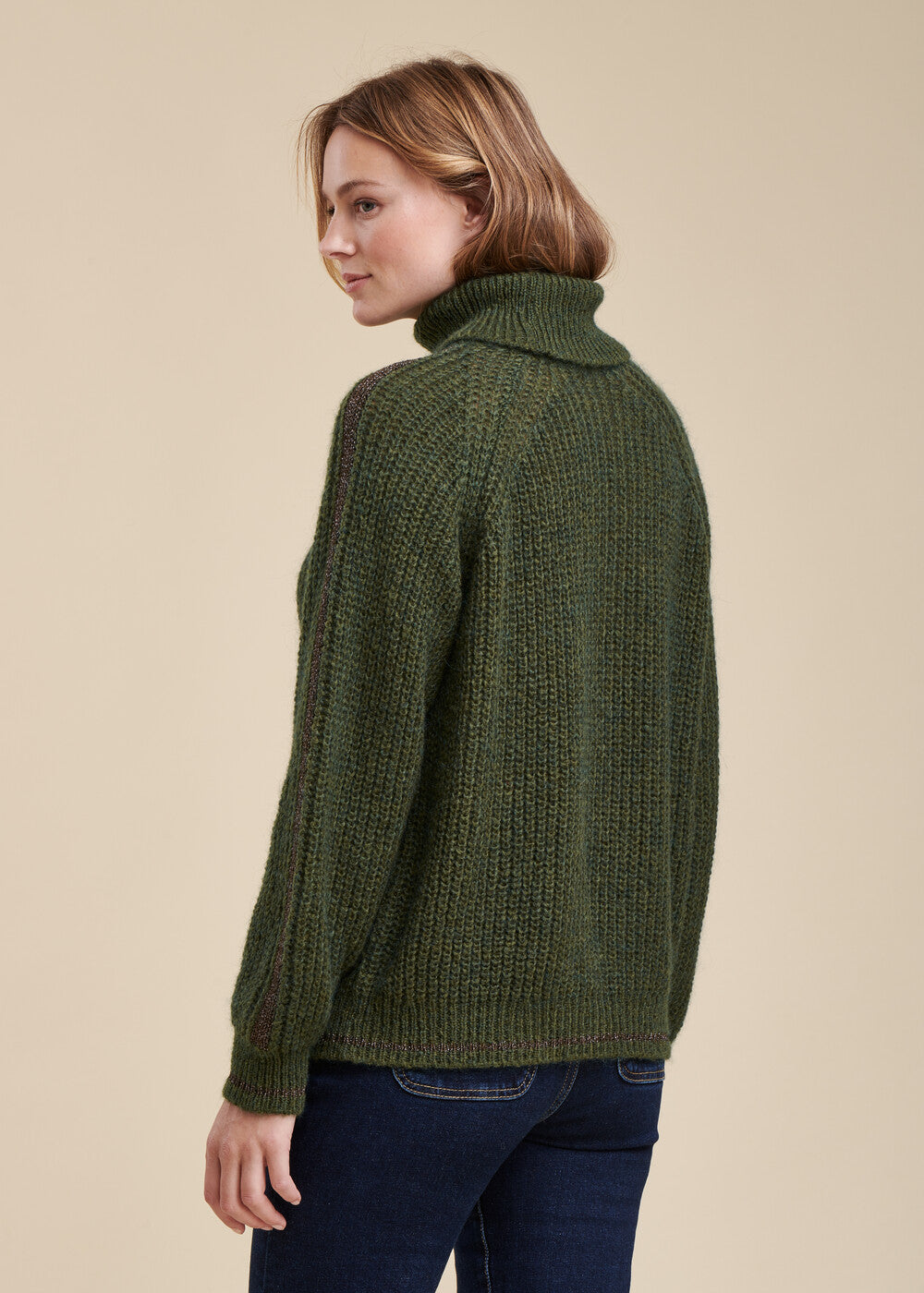 Beaded ribbed cowl neck sweater