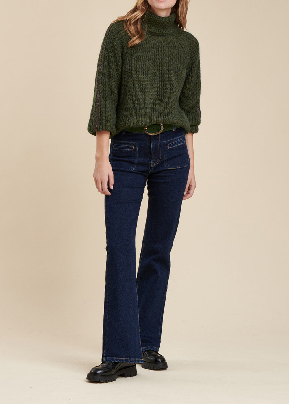 Beaded ribbed cowl neck sweater