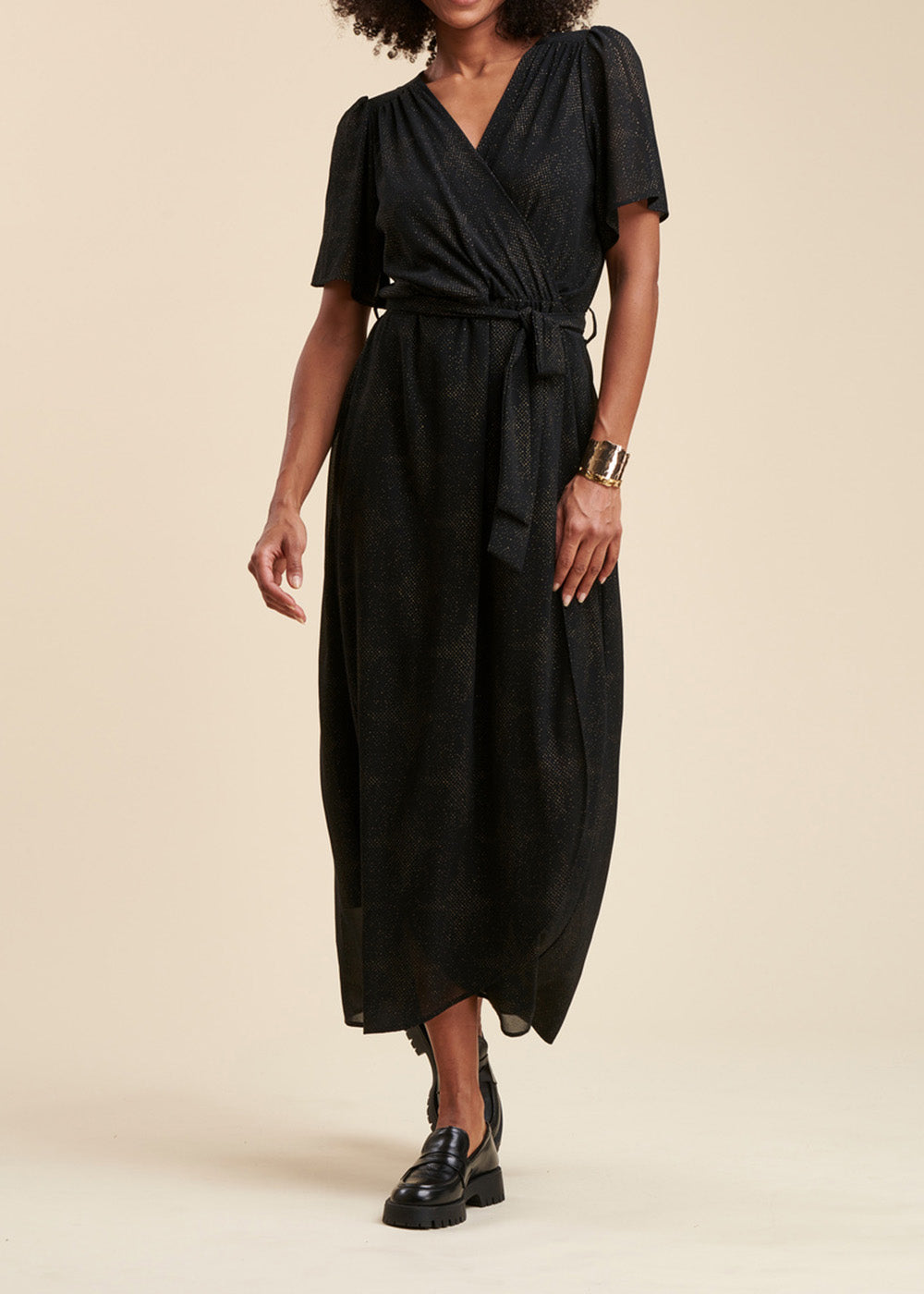 Robe longue faux portefeuille en voile imprimé pailleté