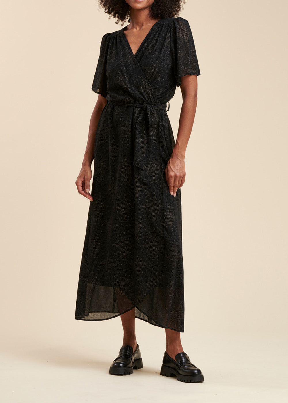 Robe longue faux portefeuille en voile imprimé pailleté