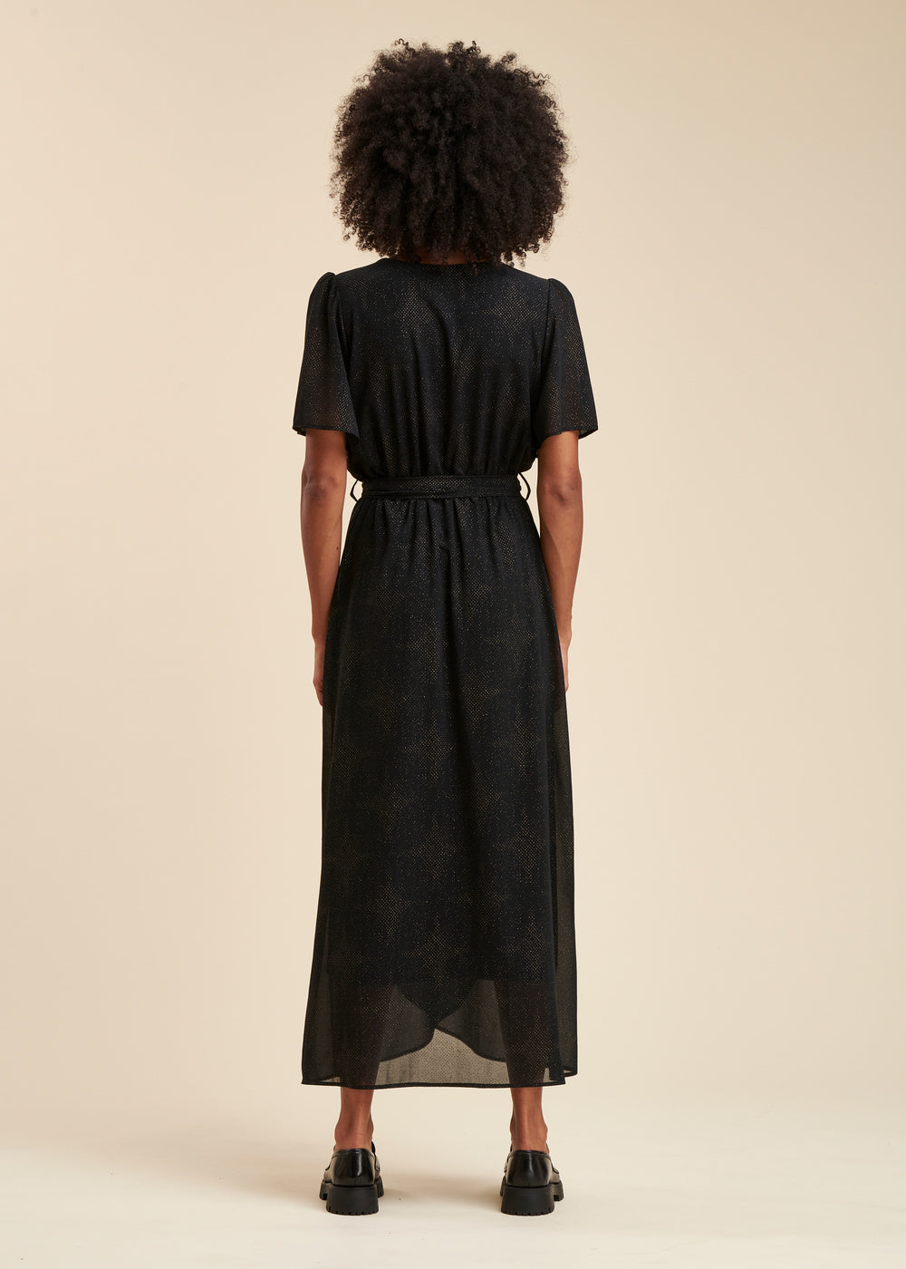 Robe longue faux portefeuille en voile imprimé pailleté
