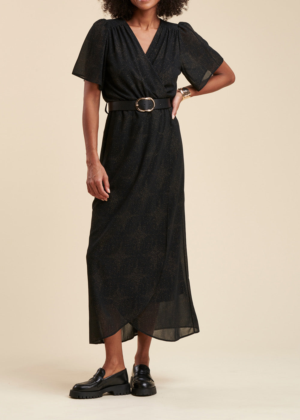 Robe longue faux portefeuille en voile imprimé pailleté