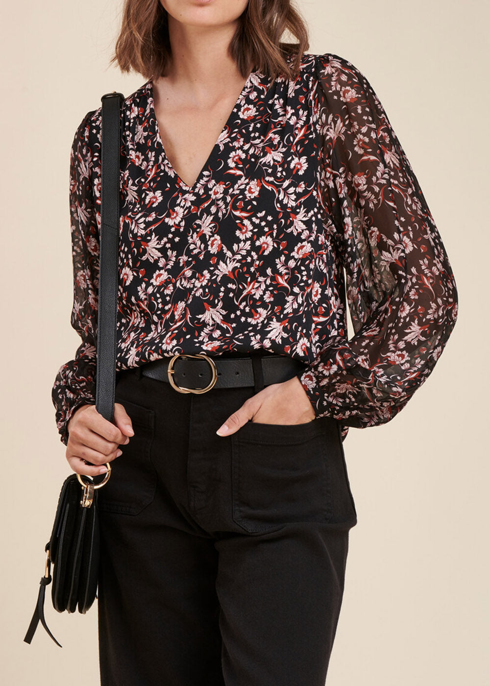 Top bi-materiale con stampa floreale