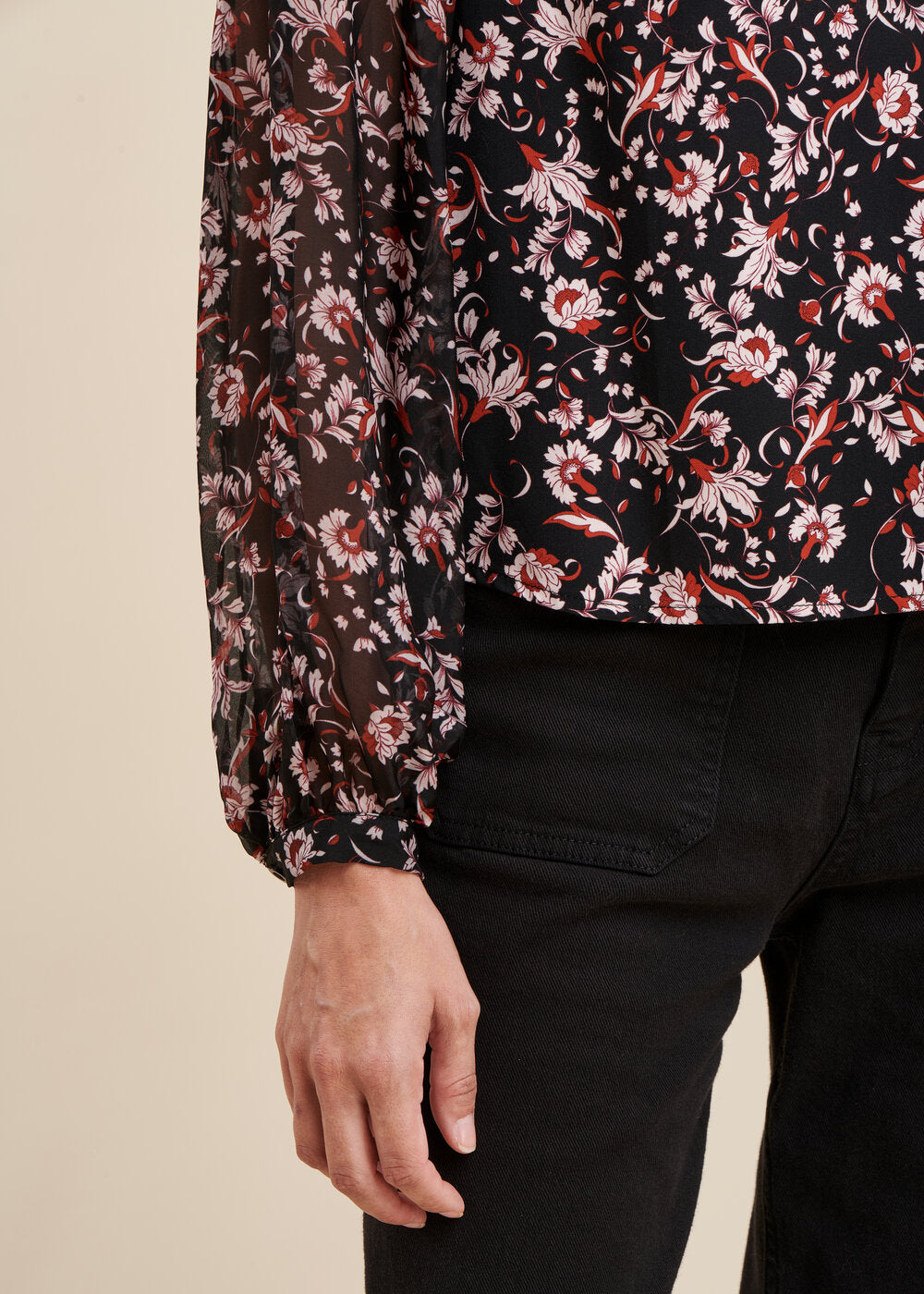 Top bi-materiale con stampa floreale