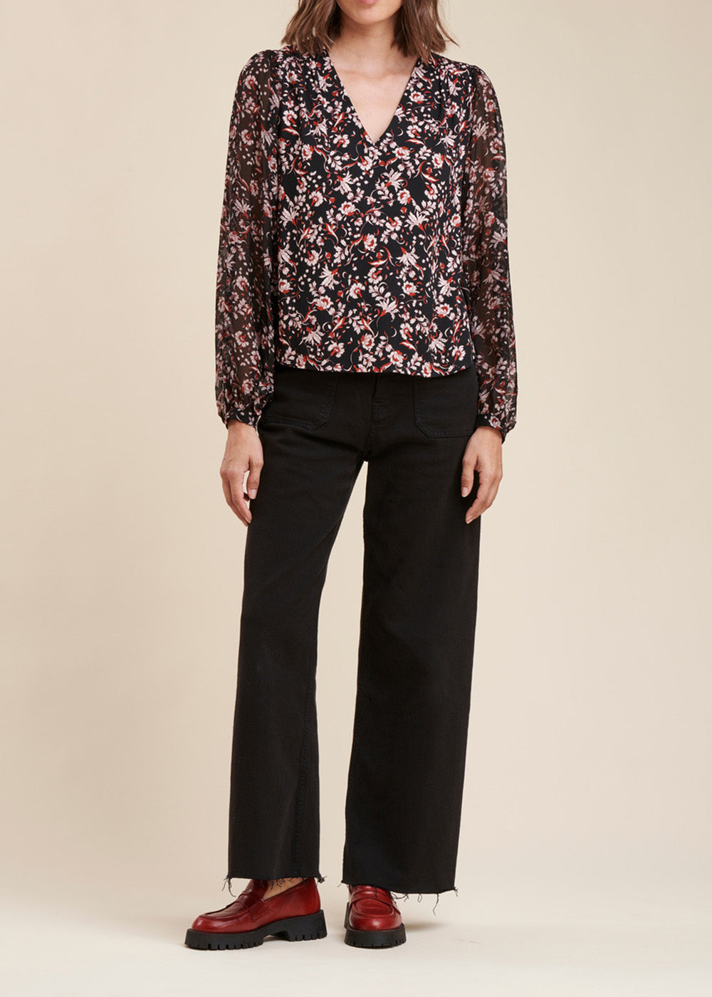 Top bi-materiale con stampa floreale