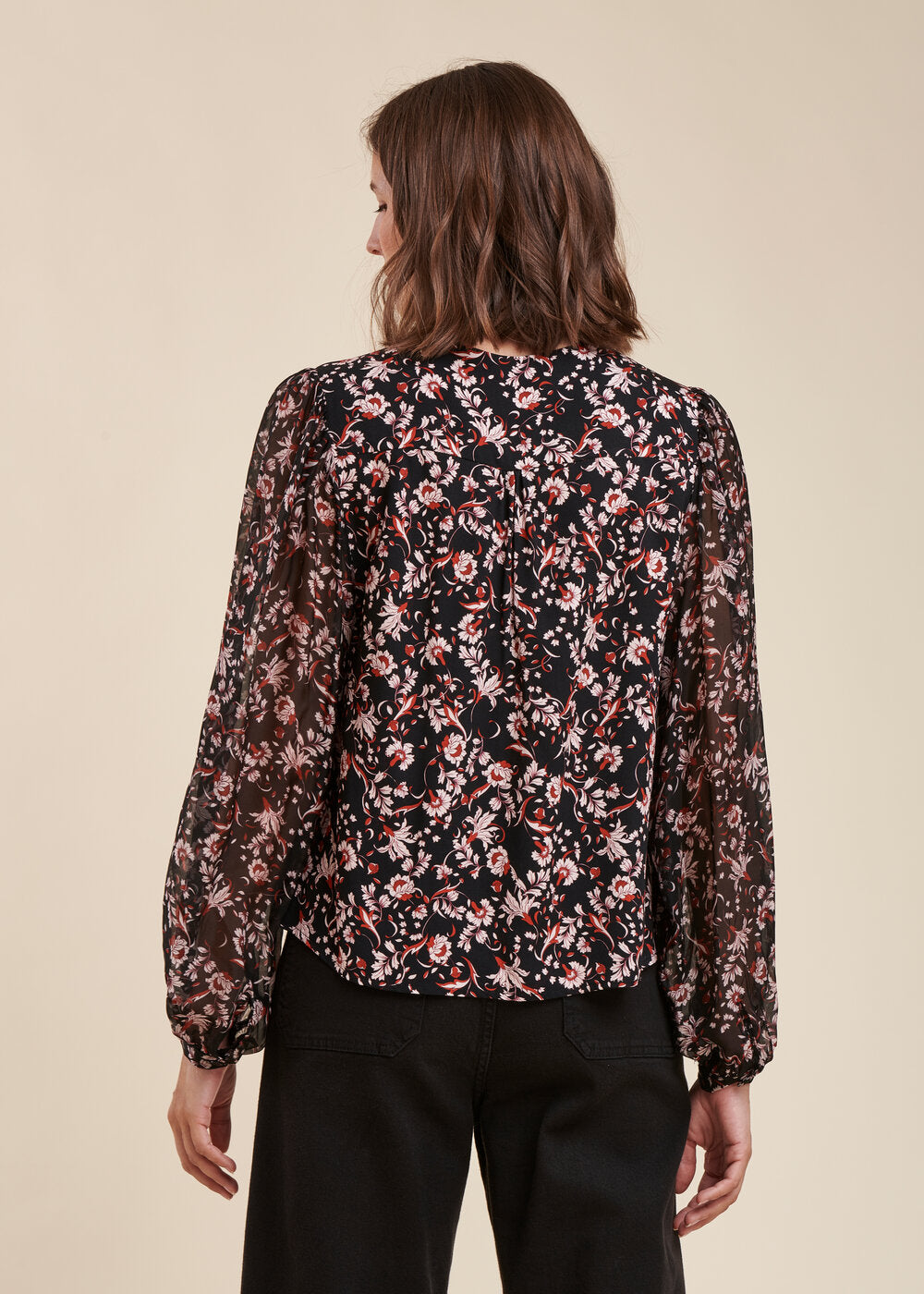 Top bi-materiale con stampa floreale