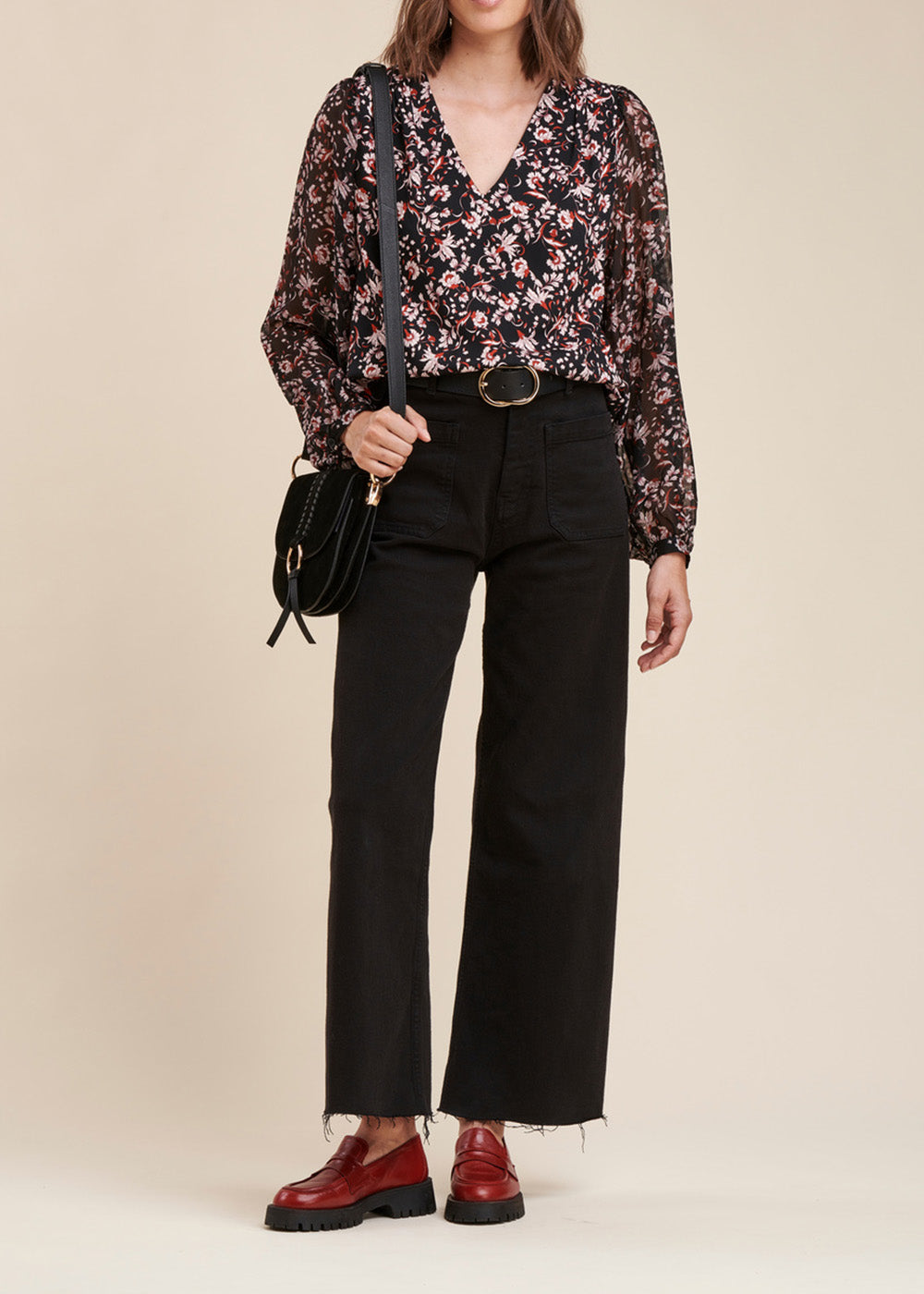 Top bi-materiale con stampa floreale