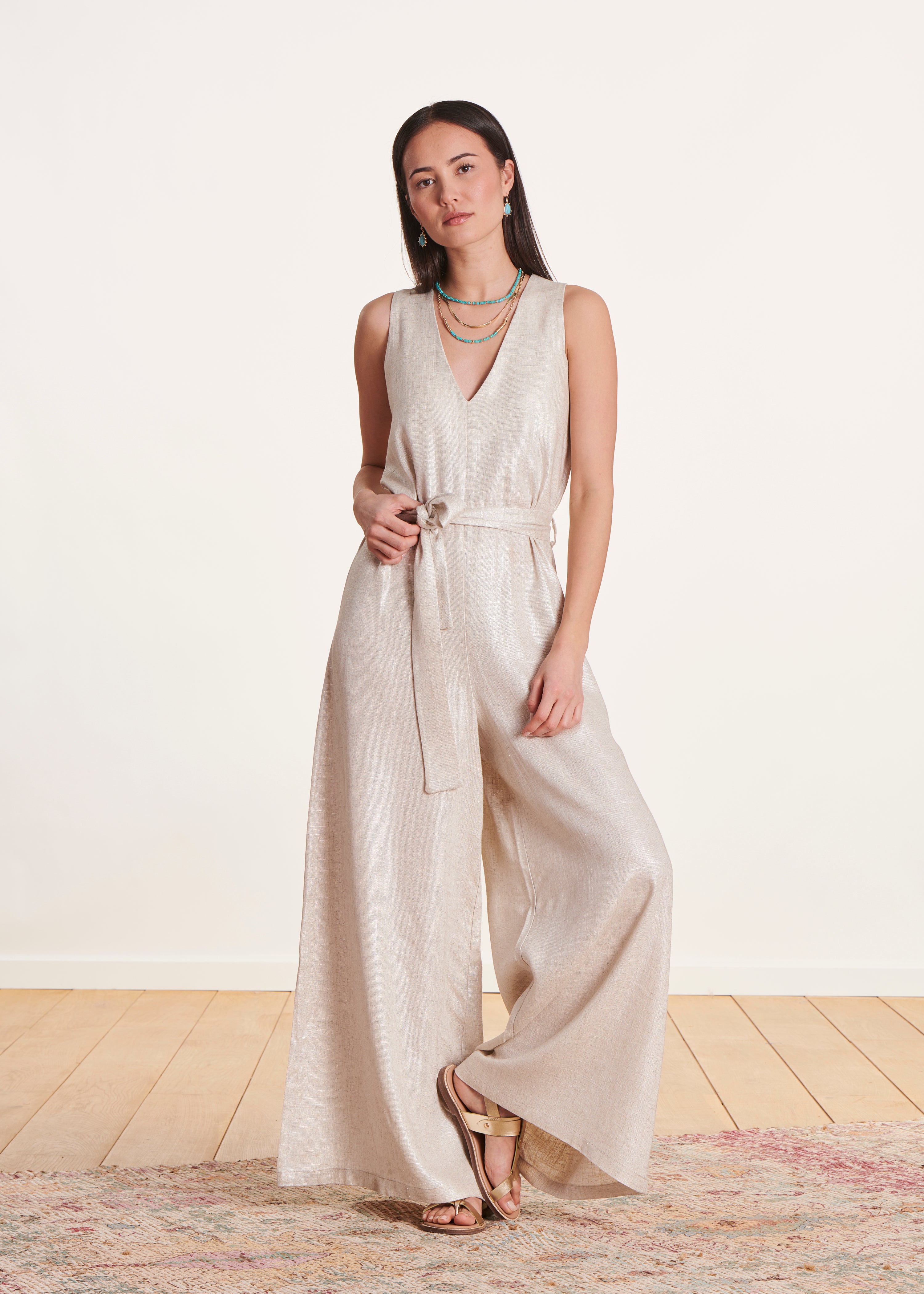 Combinaison sans manches beige habillée en lin irisé La Fée