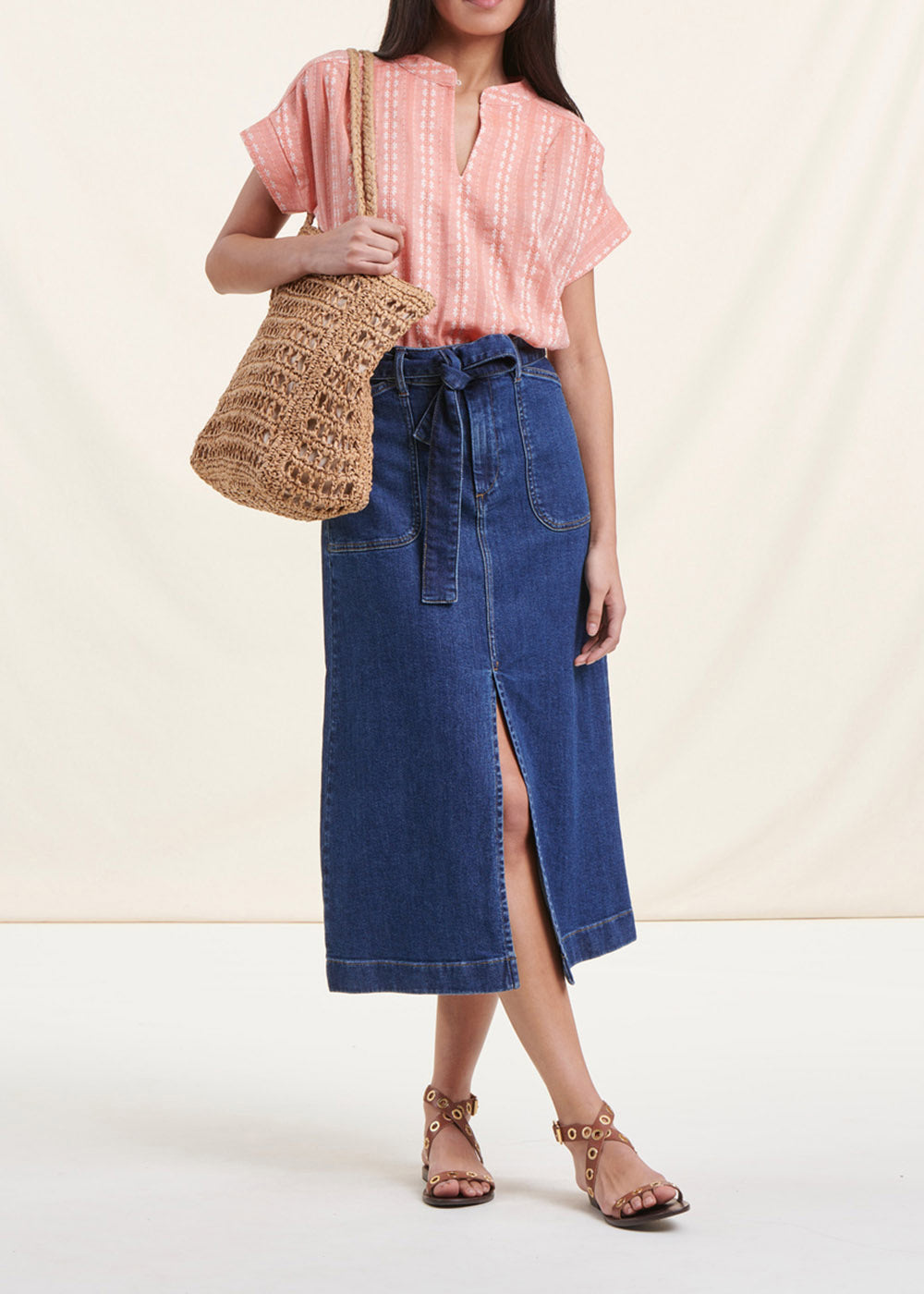 Mid-length organic cotton denim skirt