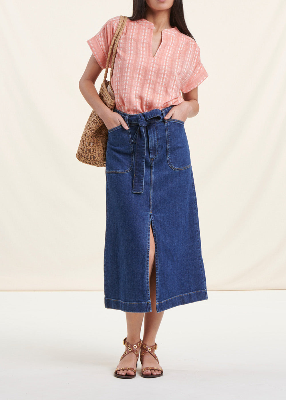 Mid-length organic cotton denim skirt
