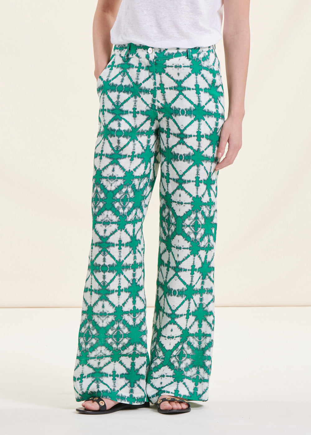 Pantalon large vert chlorophylle en lin à taille haute tie & dye