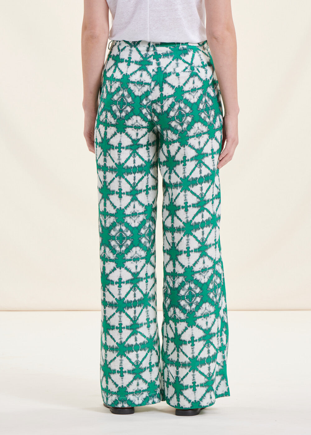 Pantalon large vert chlorophylle en lin à taille haute tie & dye