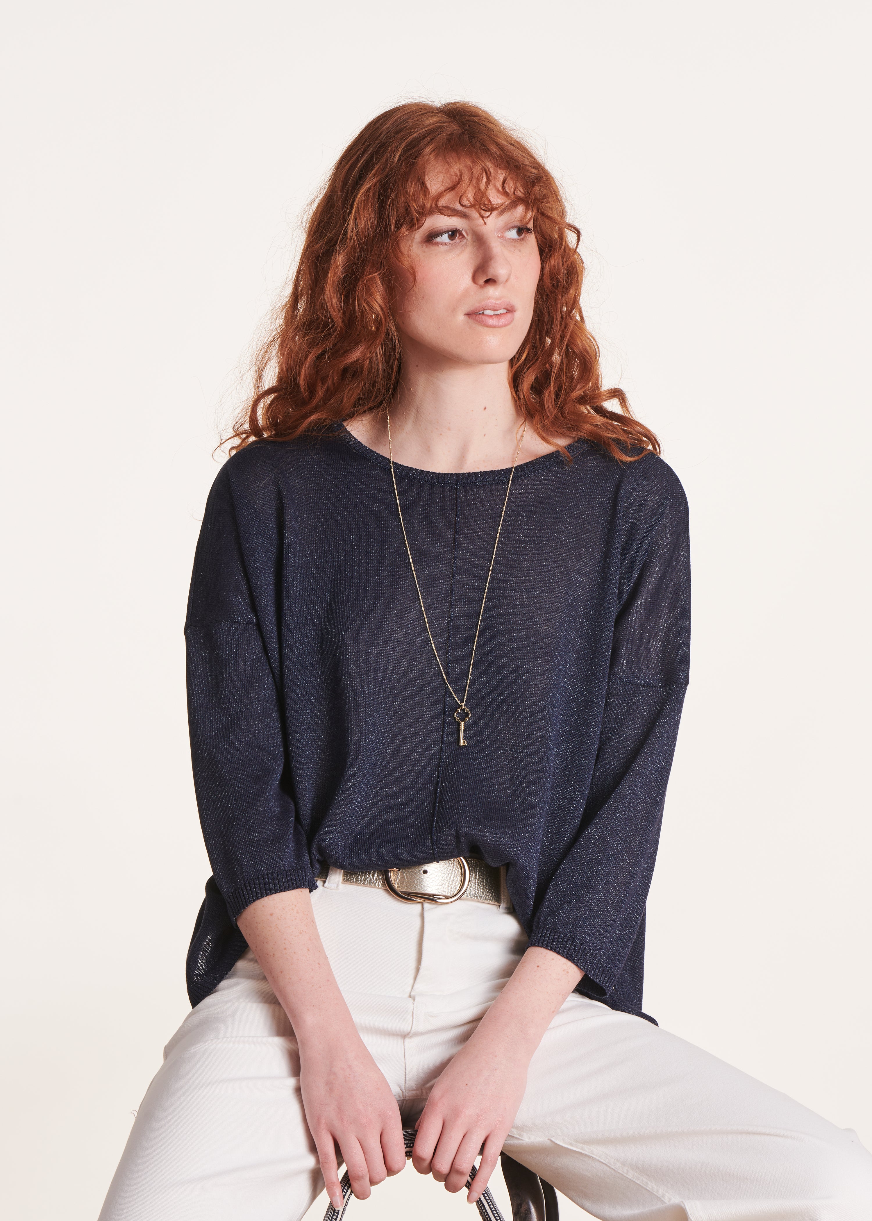 Pull bleu marine manches 3/4 oversize La Fée Maraboutée