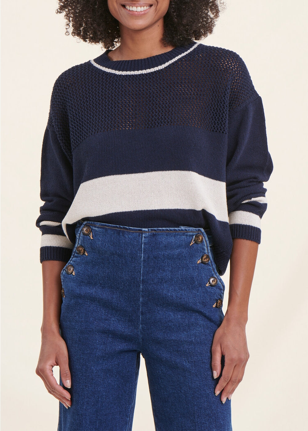 Pull marinière bleu marine manches longues encolure ronde