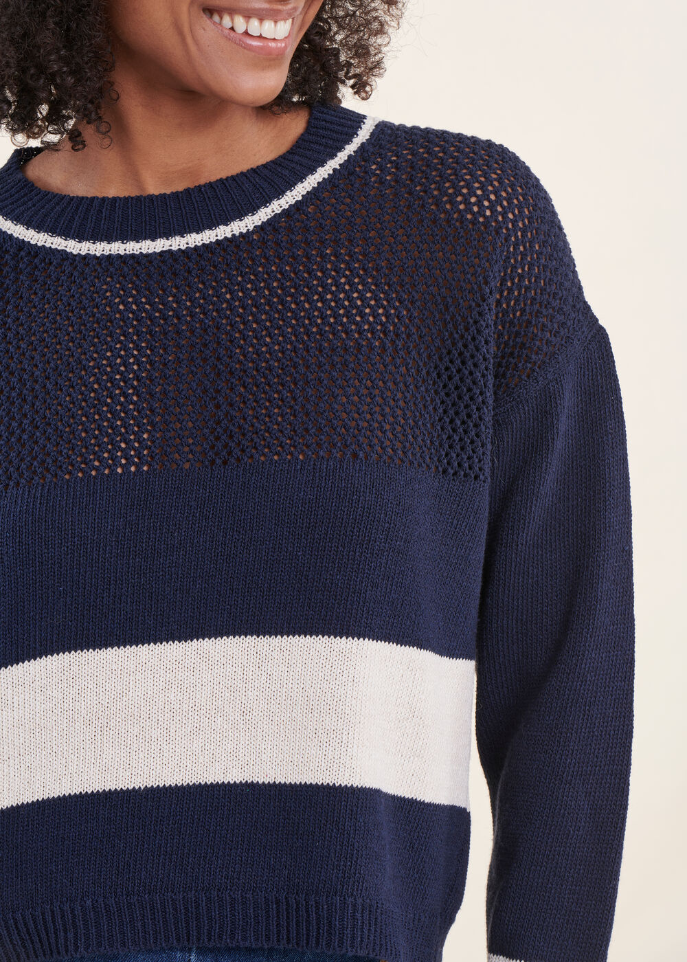 Pull marinière bleu marine manches longues encolure ronde
