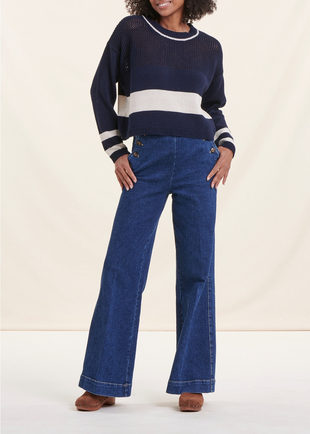 Pull marinière bleu marine manches longues encolure ronde