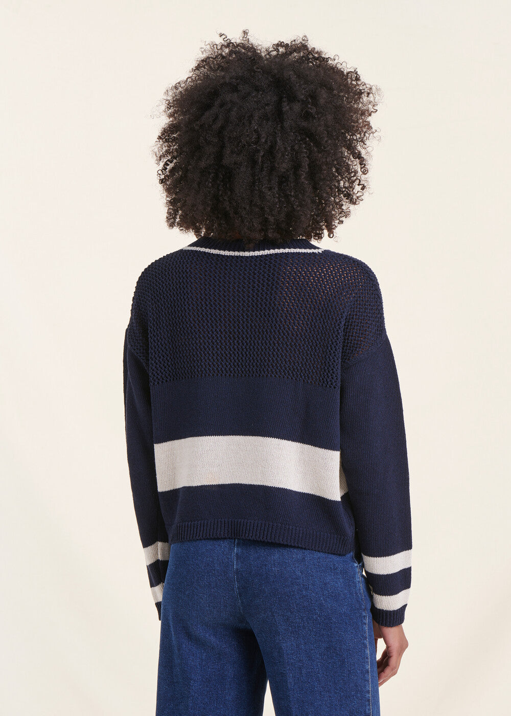 Pull marinière bleu marine manches longues encolure ronde