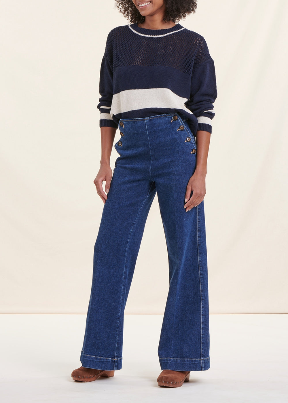 Pull marinière bleu marine manches longues encolure ronde