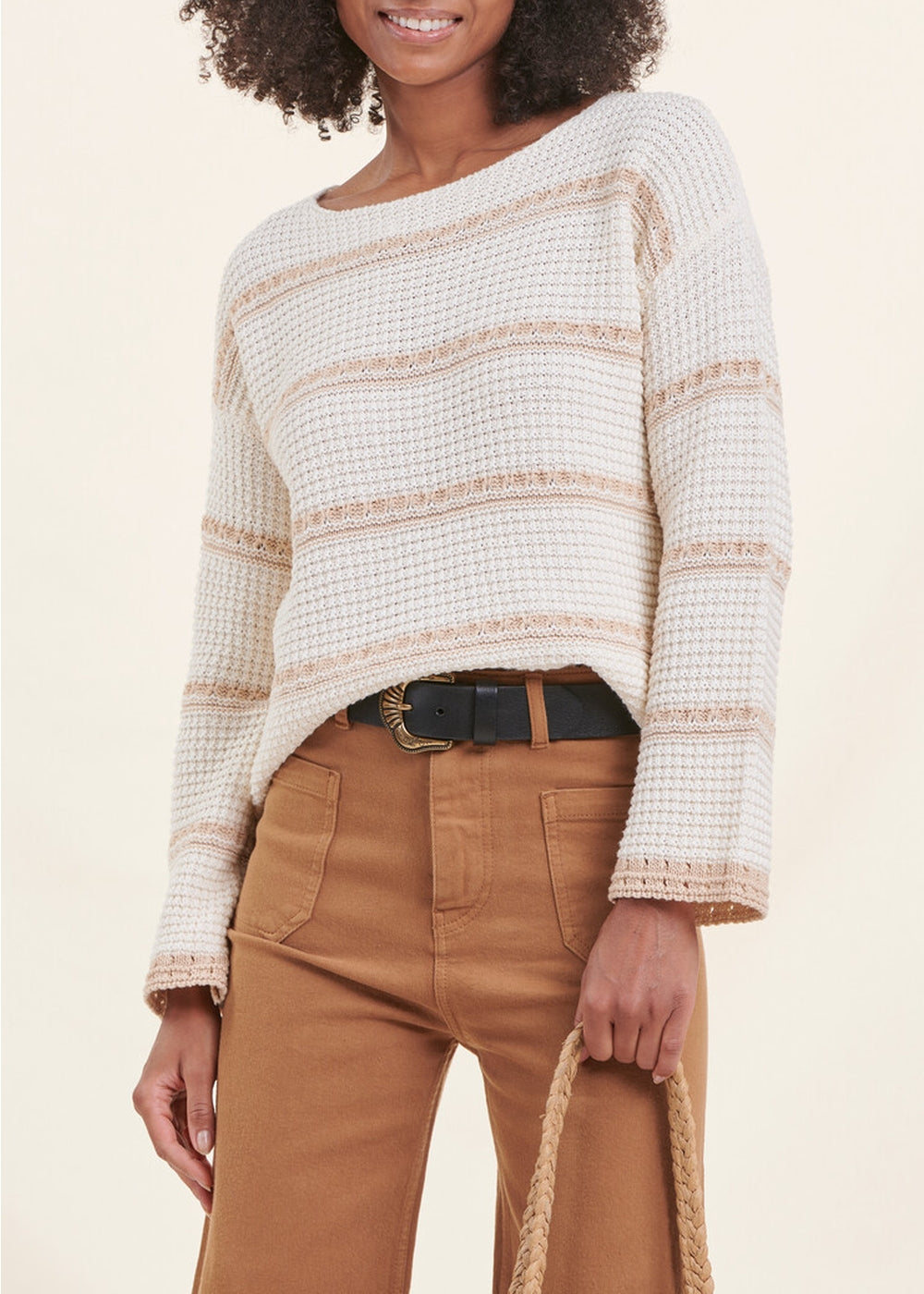 Ecru striped long-sleeved boat neck sweater