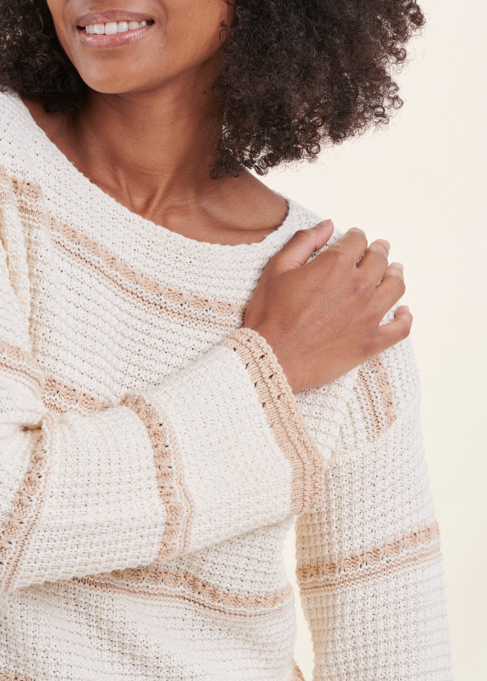 Ecru striped long-sleeved boat neck sweater