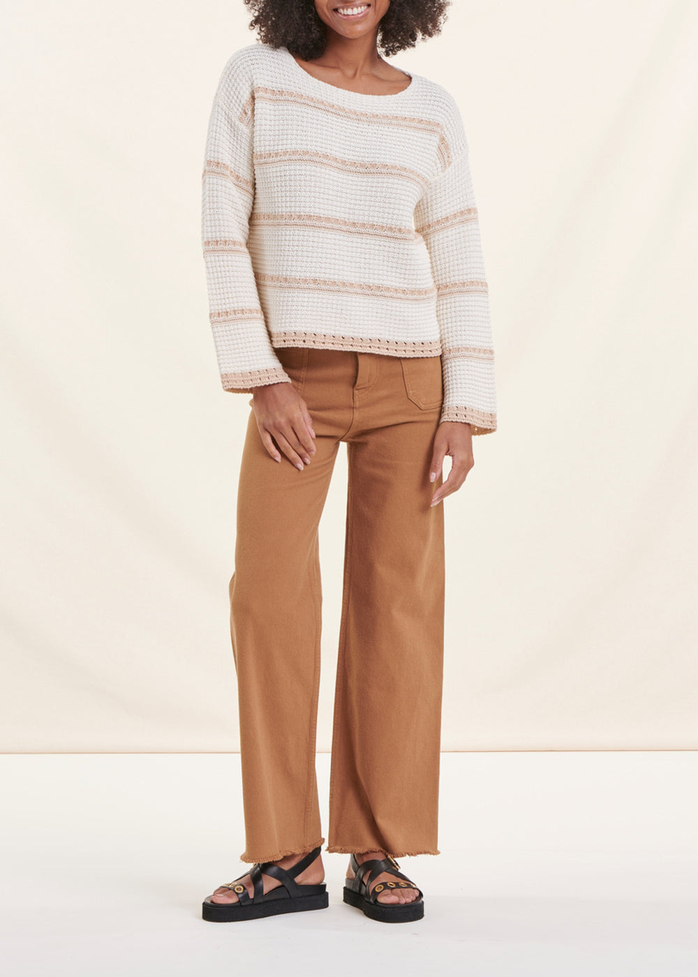 Ecru striped long-sleeved boat neck sweater