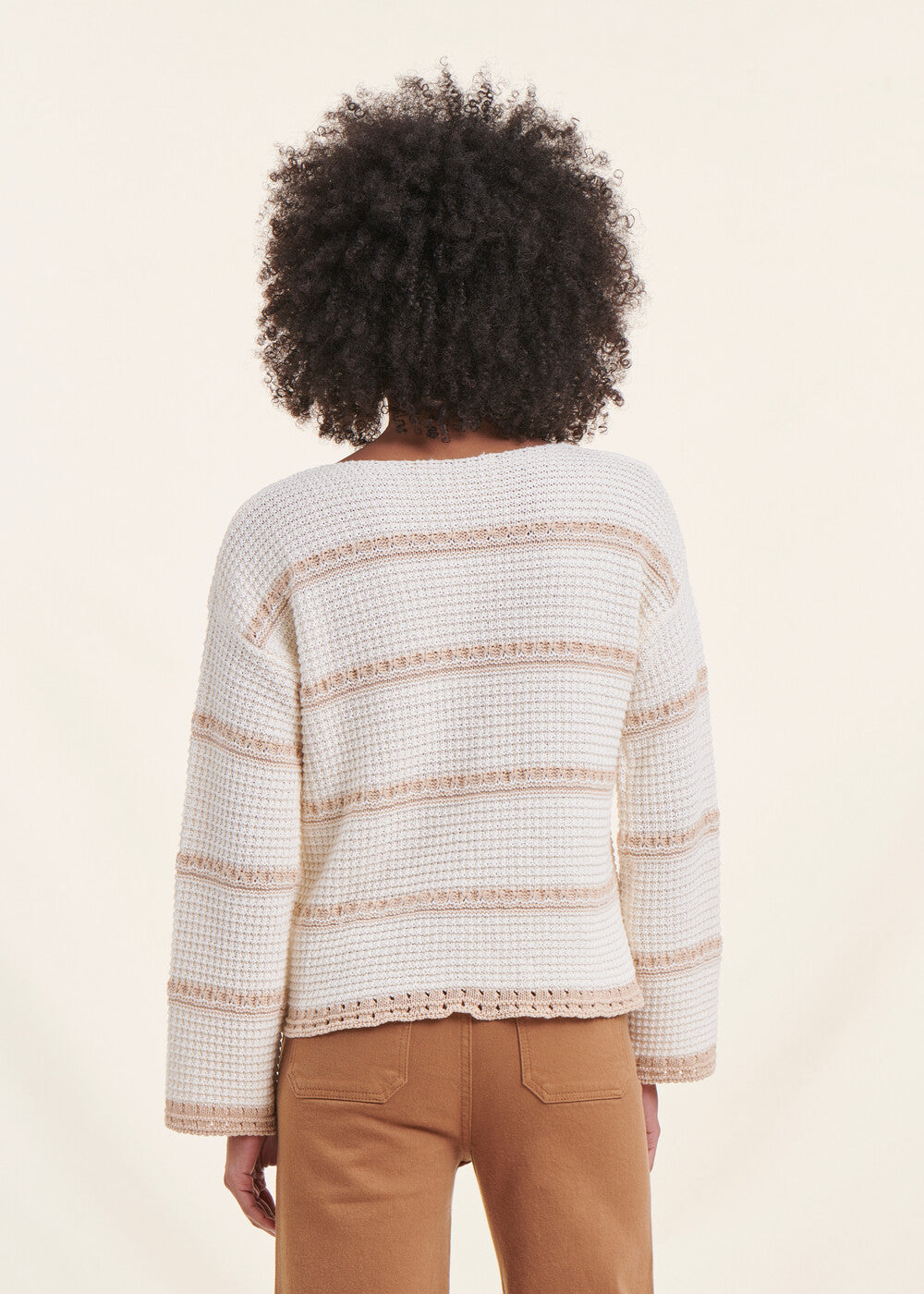 Ecru striped long-sleeved boat neck sweater