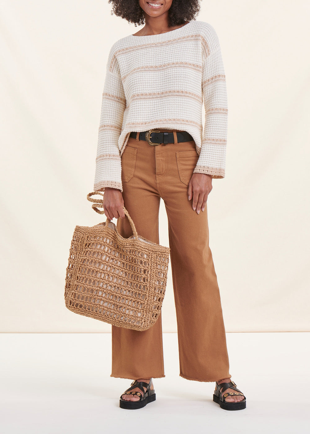 Ecru striped long-sleeved boat neck sweater