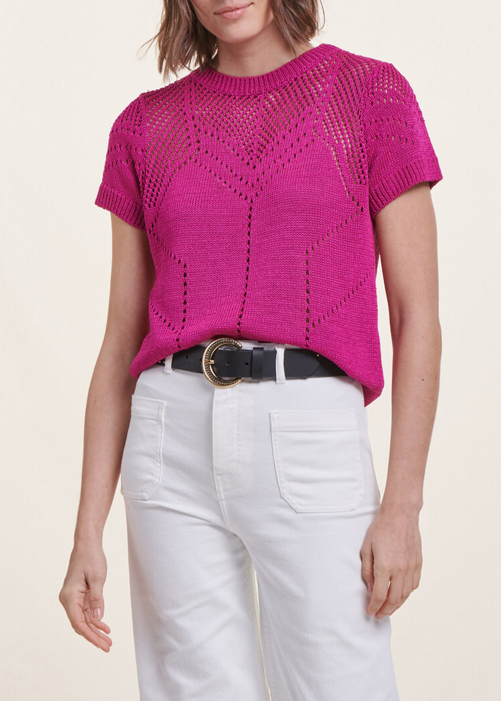 Pullover rosa fuchsia mit kurzen Ärmeln und rundem Halsausschnitt