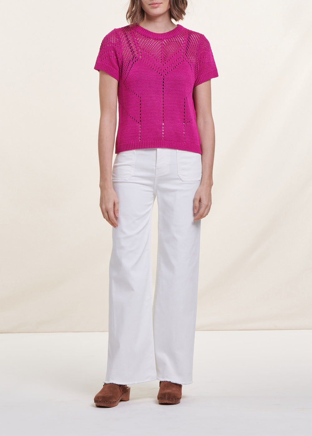 Pullover rosa fuchsia mit kurzen Ärmeln und rundem Halsausschnitt