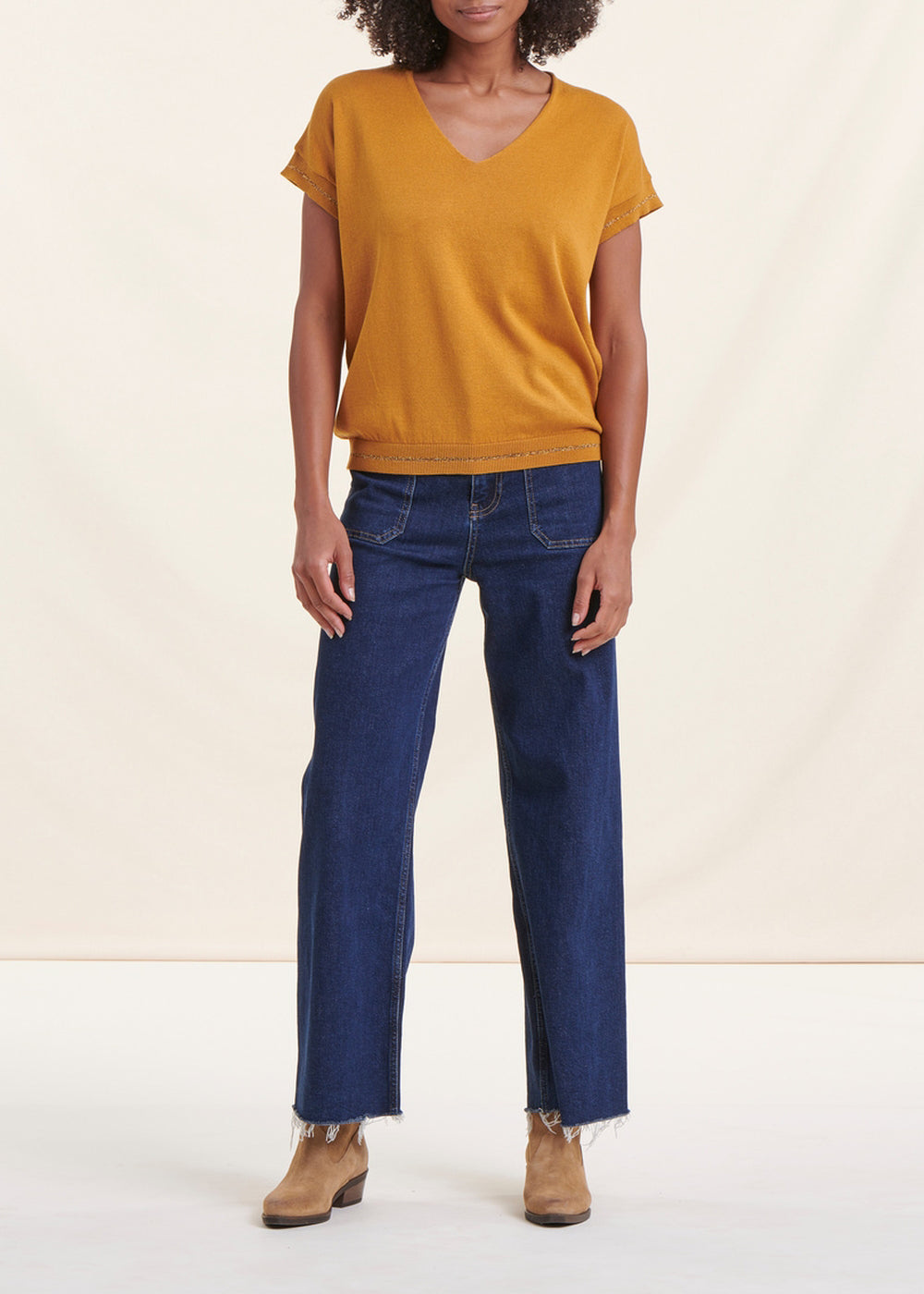 Mustard short-sleeved V-neck sweater