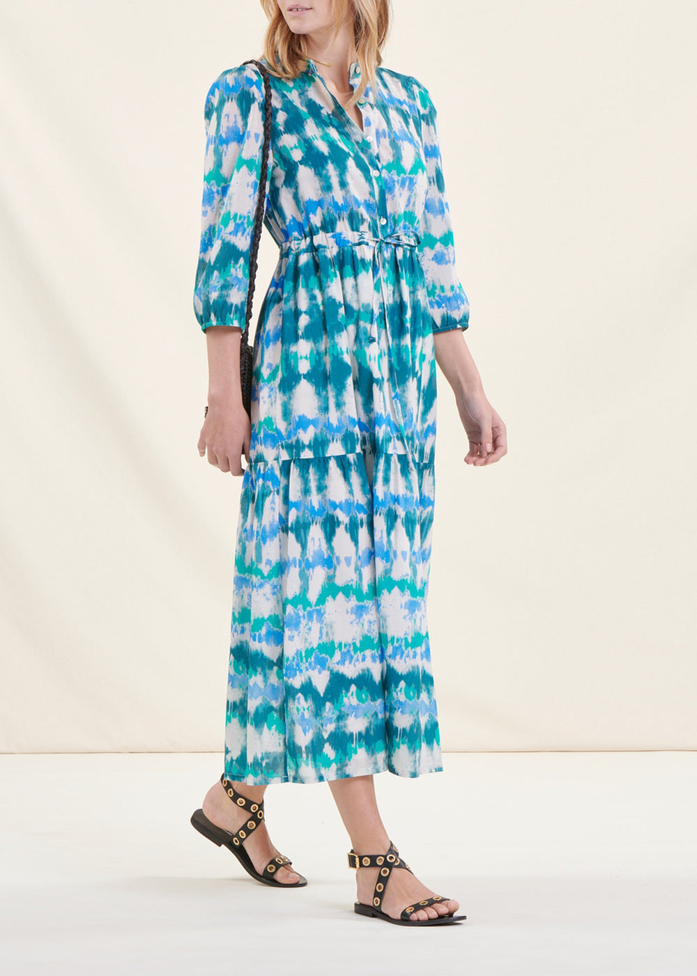 Langes blaues Bohème-Kleid aus Tie & Dye-Baumwolle